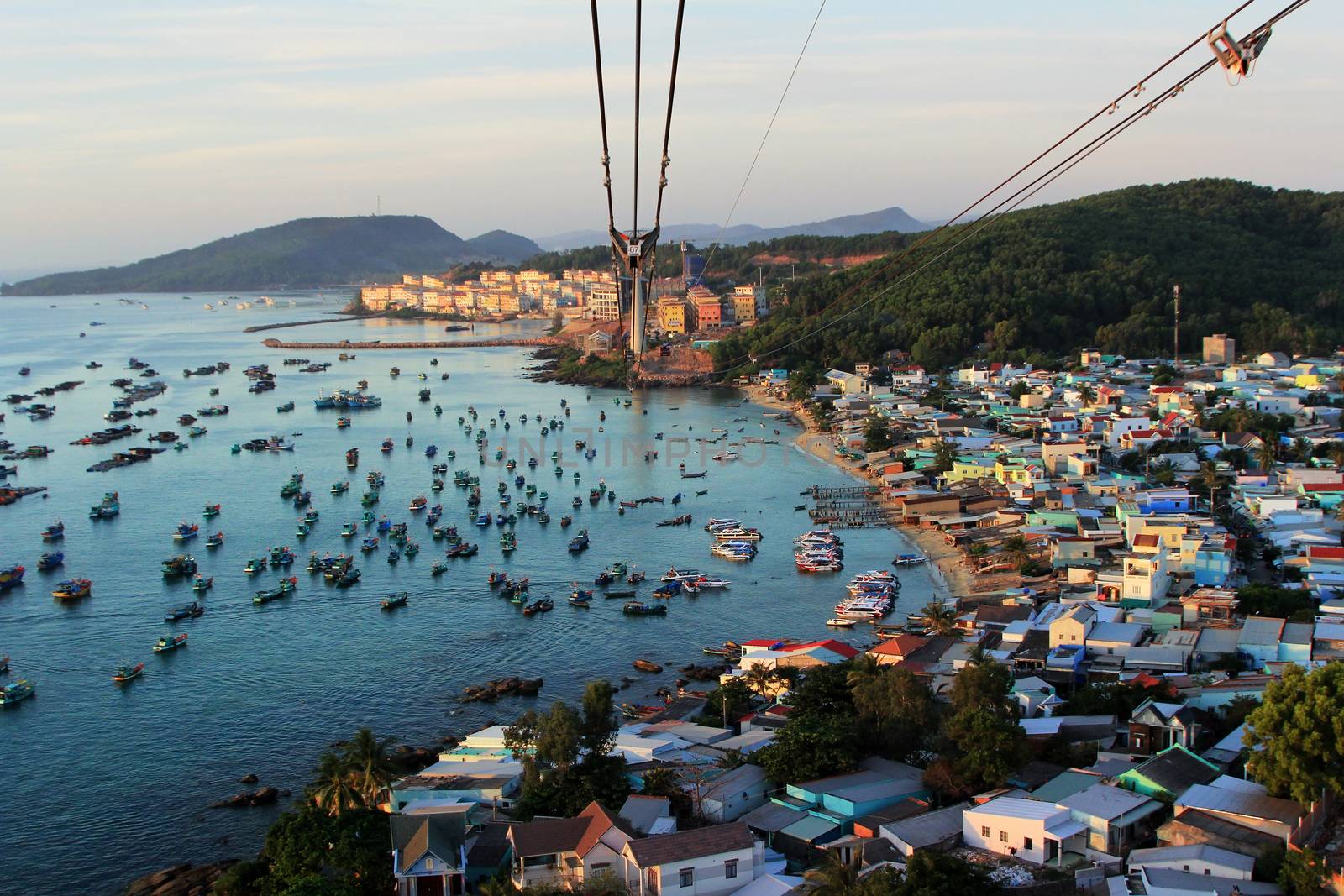 Aerial view of a group of boats at sea in Vietnam, Phu Quoc