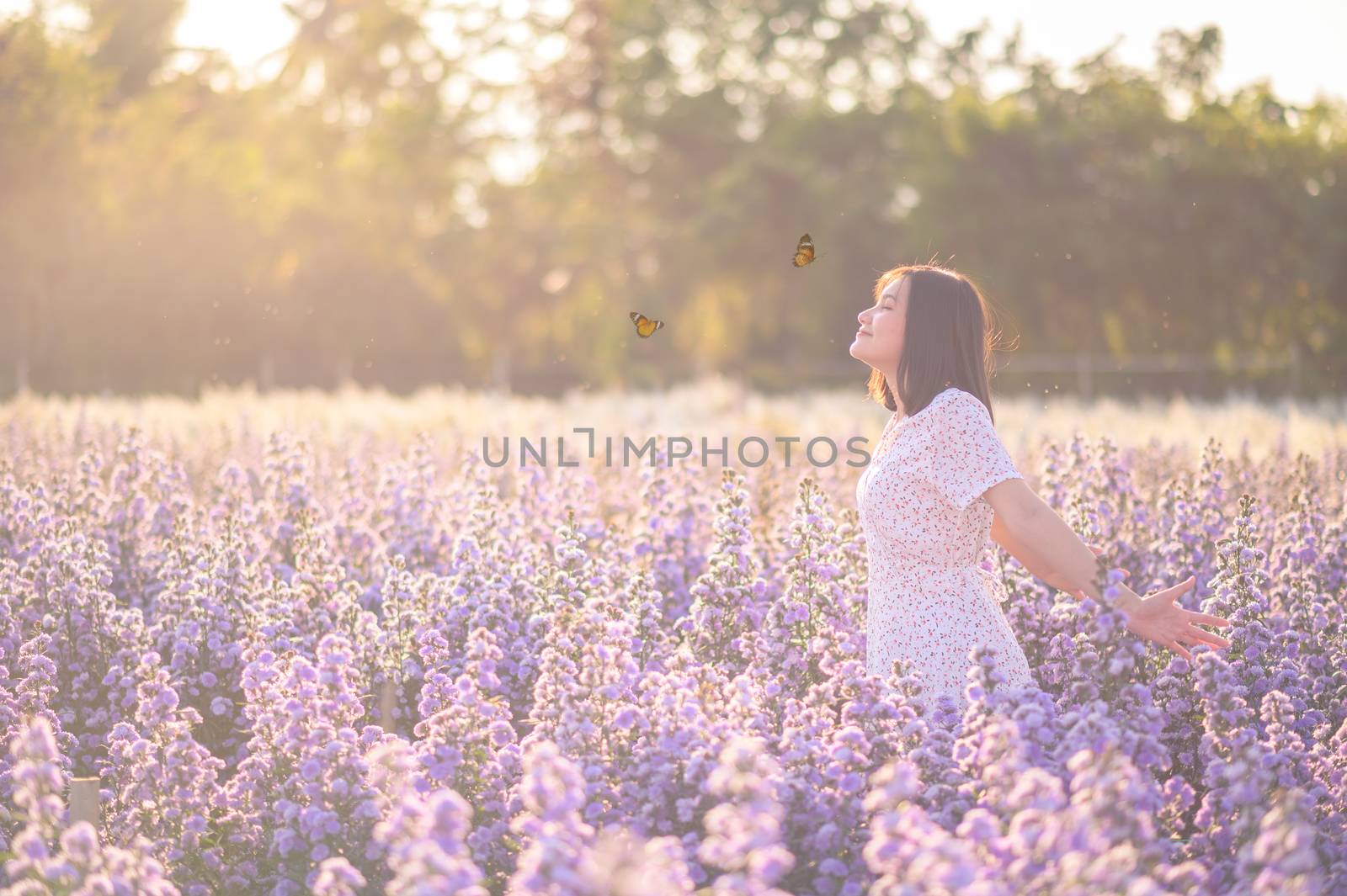 Freedom And Healthy a girl stretching her arms in the sun among the butterflies by sarayut_thaneerat