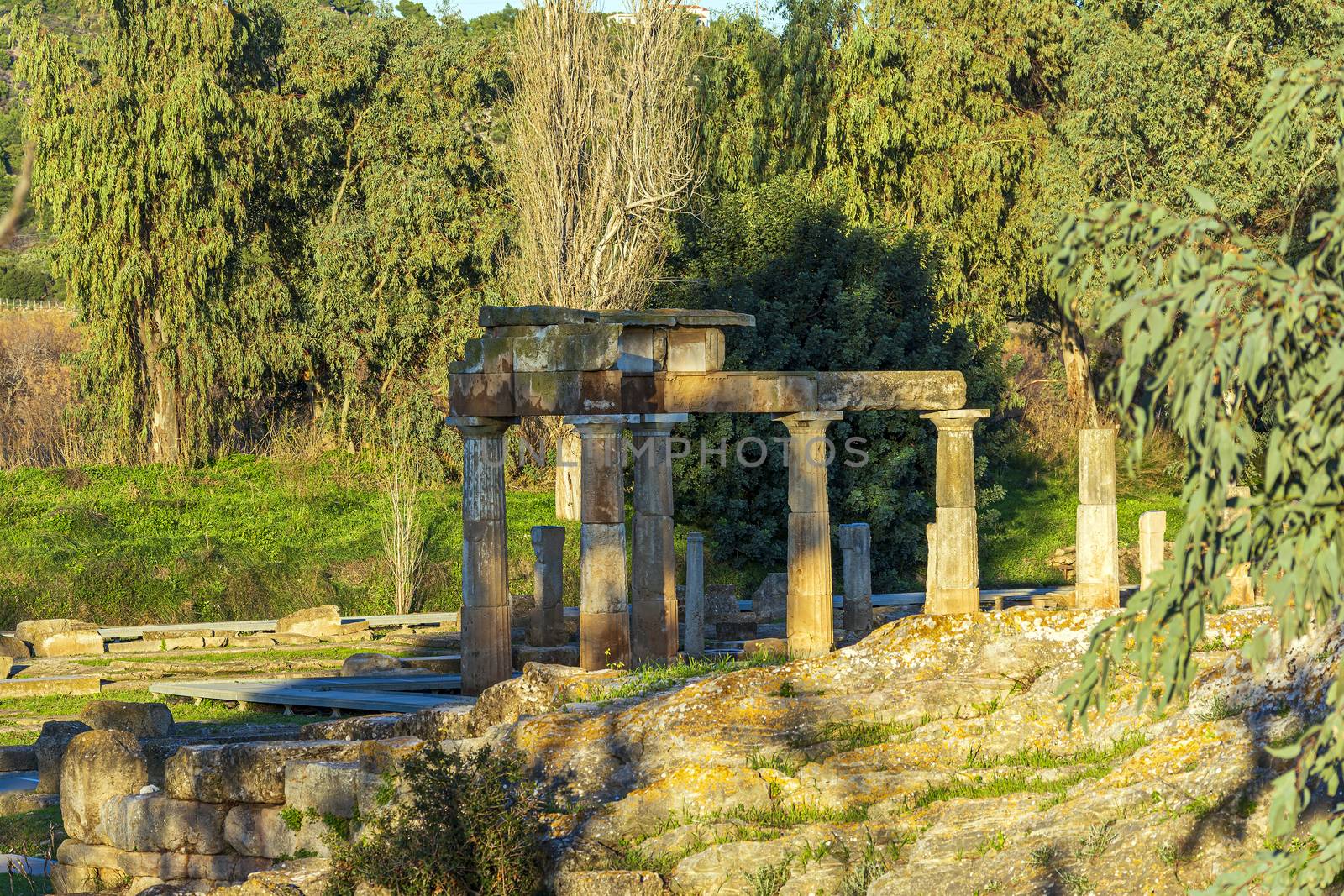 Temple of Artemis in archaeological site of Brauron, Attica, Greece. Afternoon time.