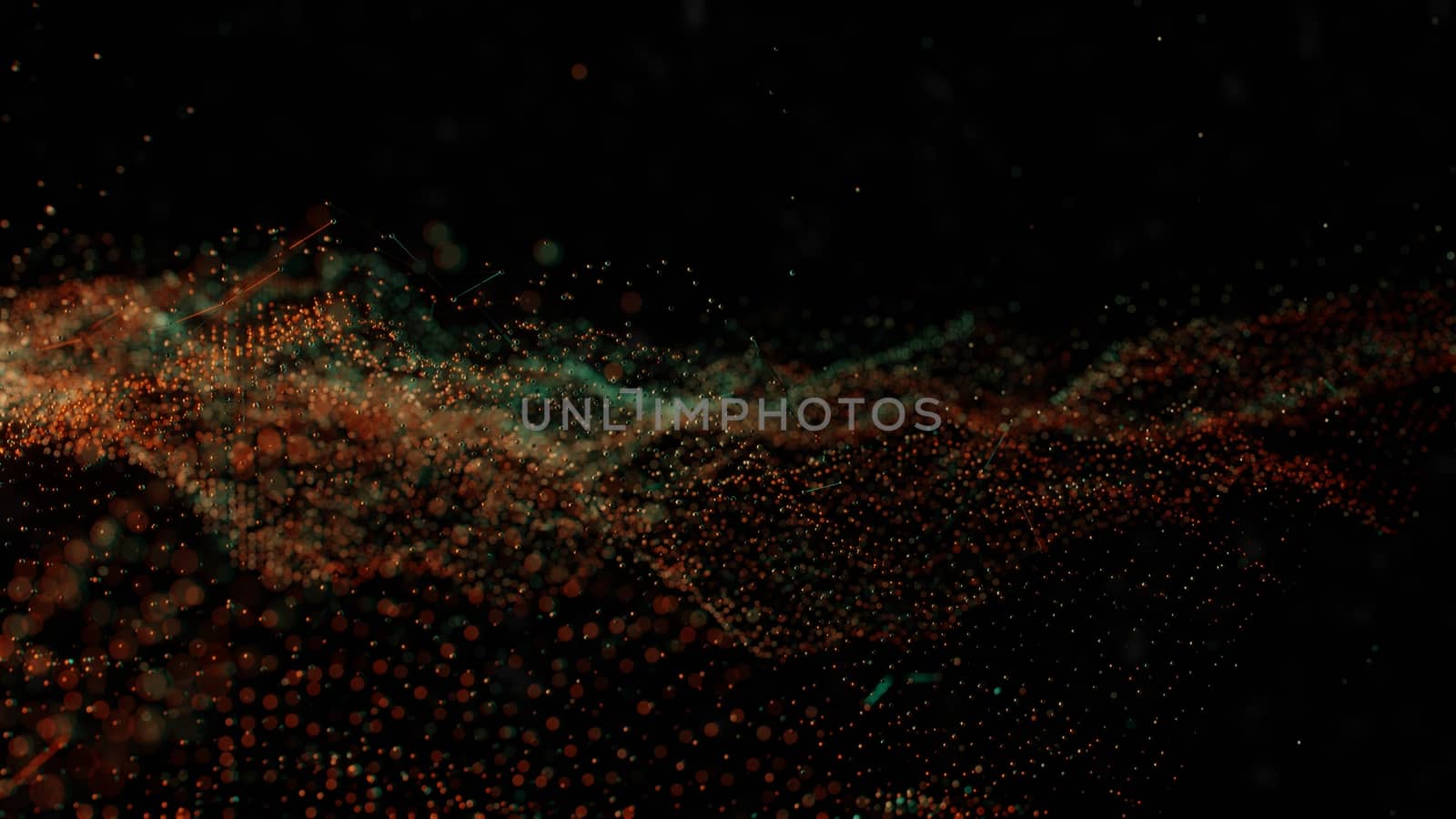 Plexus of abstract orange and green dots on a black background. Loop animations. 3D illustration