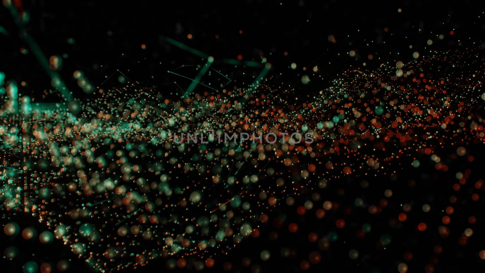 Plexus of abstract orange and green dots on a black background. Loop animations. 3D illustration