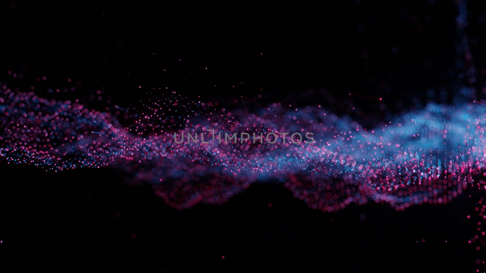 Plexus of abstract red and blue dots on a black background. Loop animations. 3D illustration