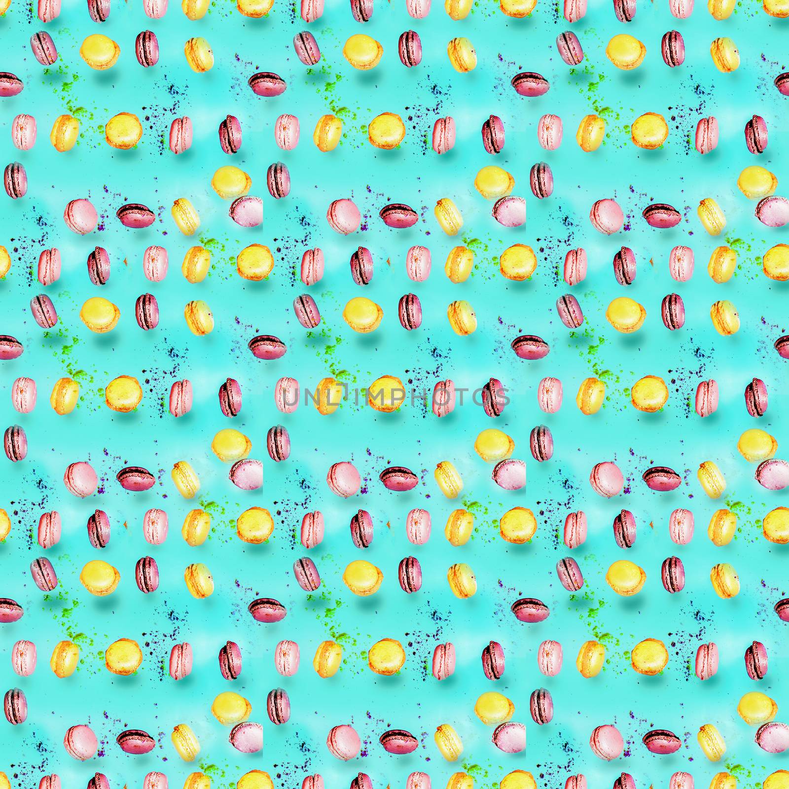 Abstract seamless pattern with flying colored macaroons, holiday concept