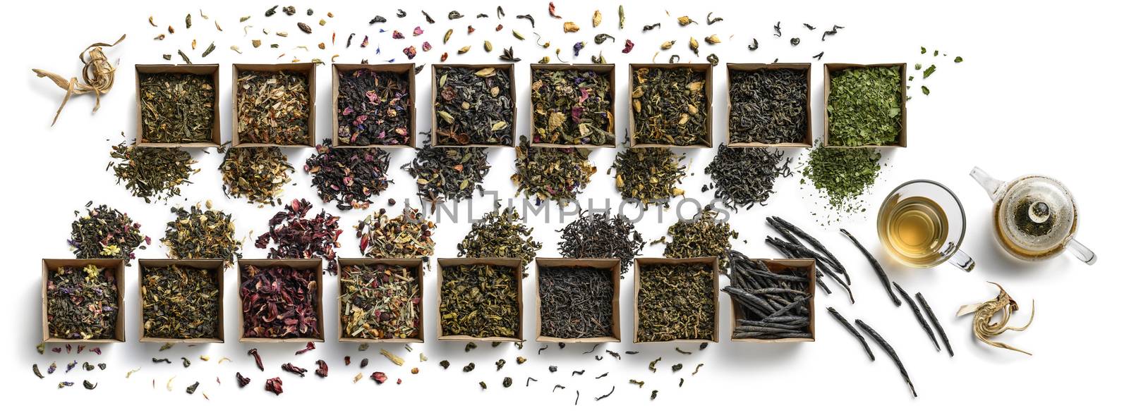 Large assortment of tea on a white background. The view from the top.