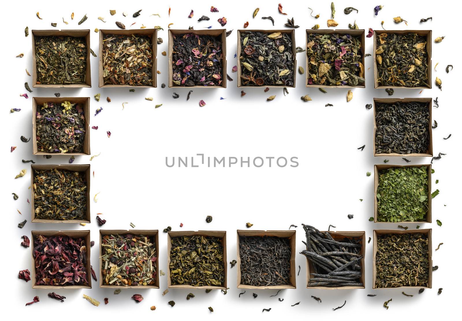 Large assortment of teas in the form of a frame on a white background. The view from the top.
