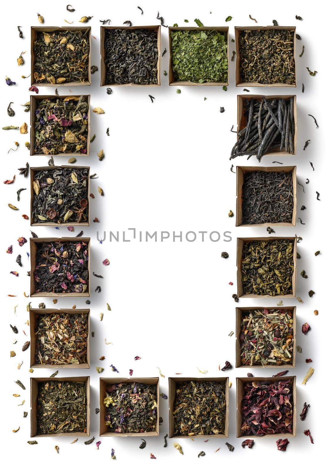 Large assortment of teas in the form of a frame on a white background. The view from the top.