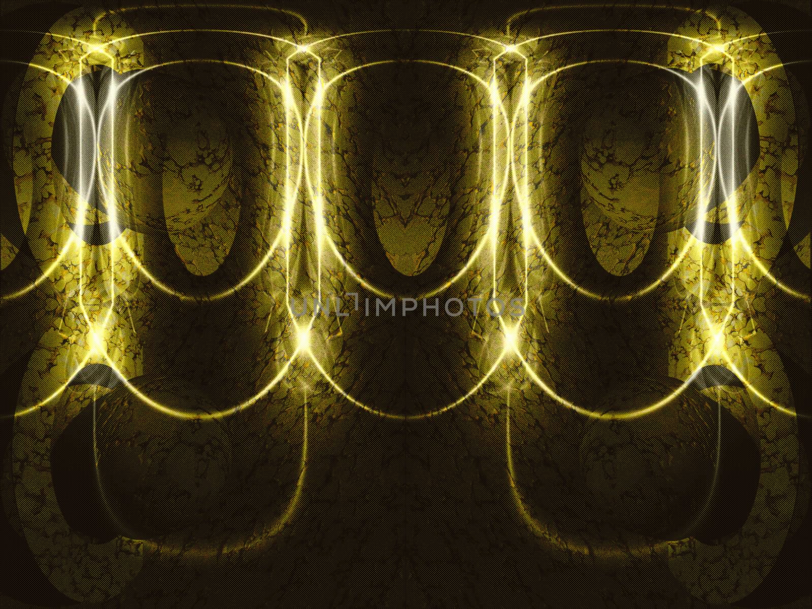 3D abstract textured image, golden background with niches in the wall and illumination