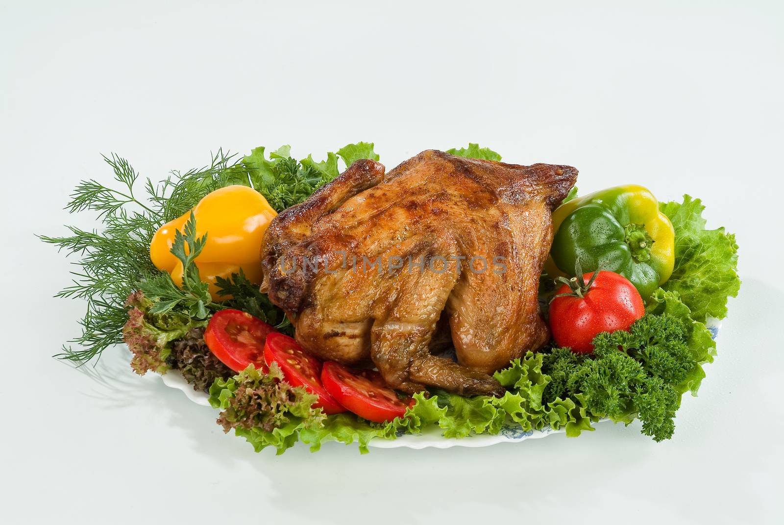 Dish with fried chicken and vegetables on a studio background