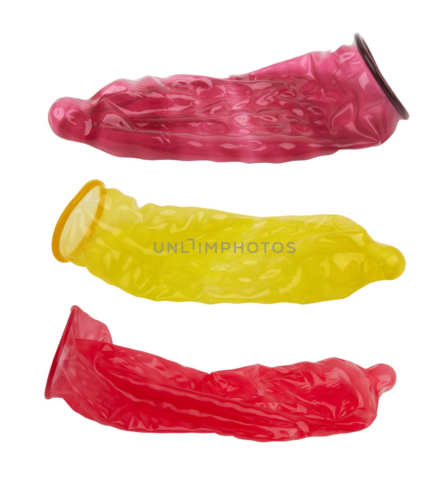 Colorful condoms isolated on white background