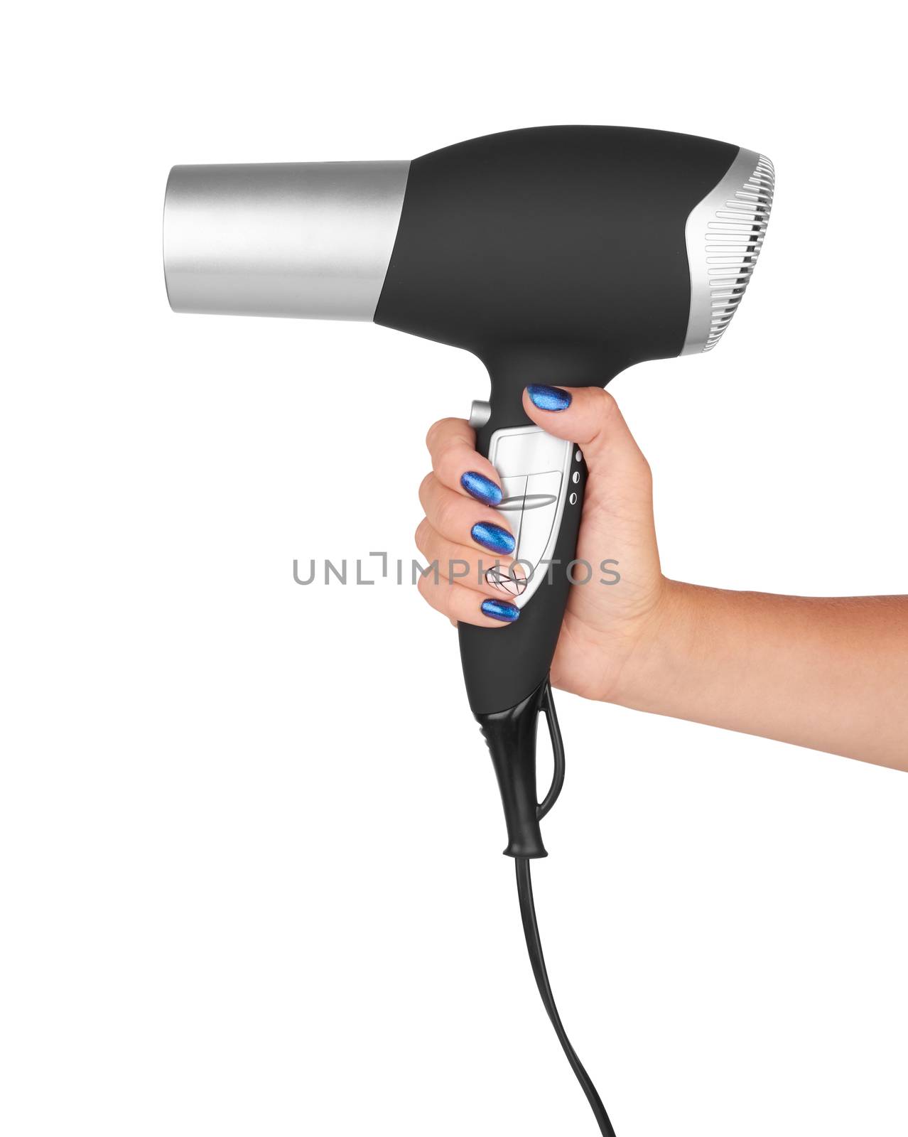 Hair dryer in hand isolated on white background