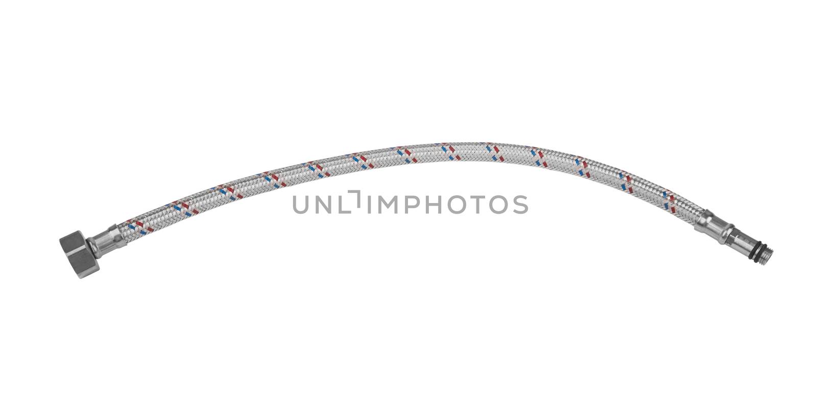 water braided metal hose with connecting internal screw isolated on white background