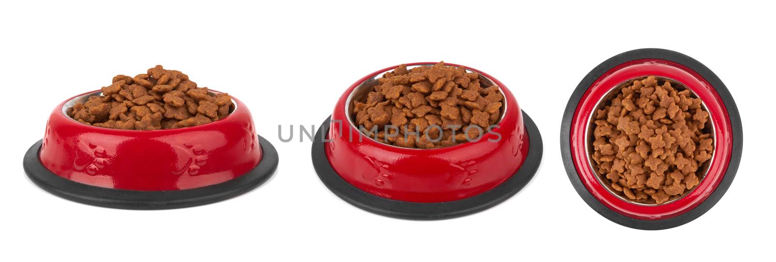 Pet food in bowl isolated on white background