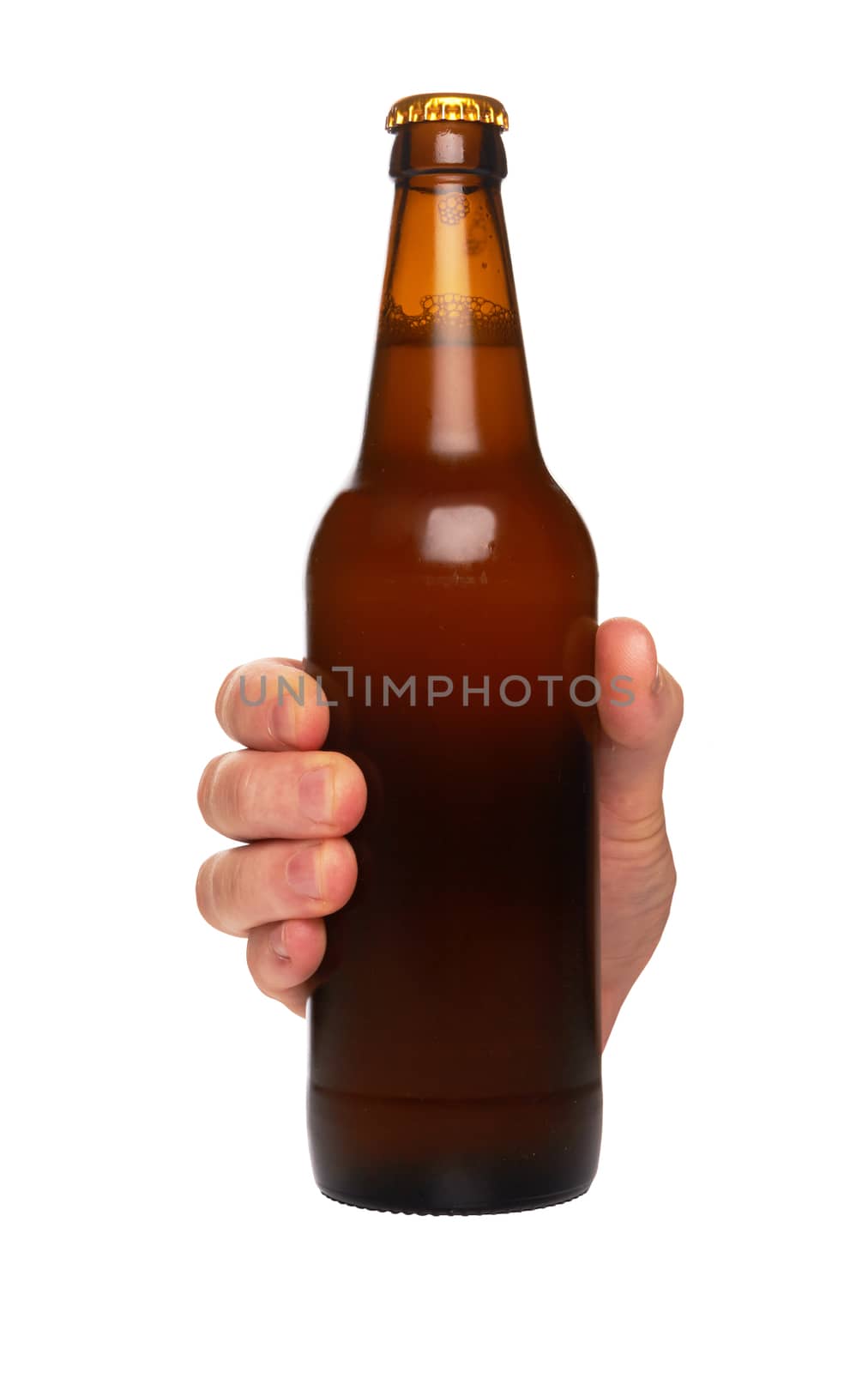 hand holding a beer bottle without label isolated on white background