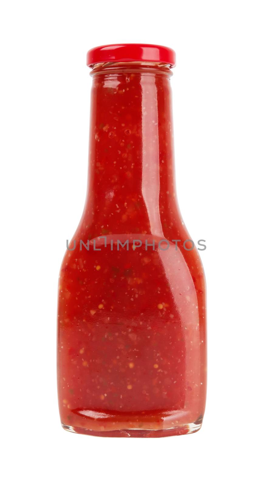 bottle of hot sauce is spilling liquid on white background