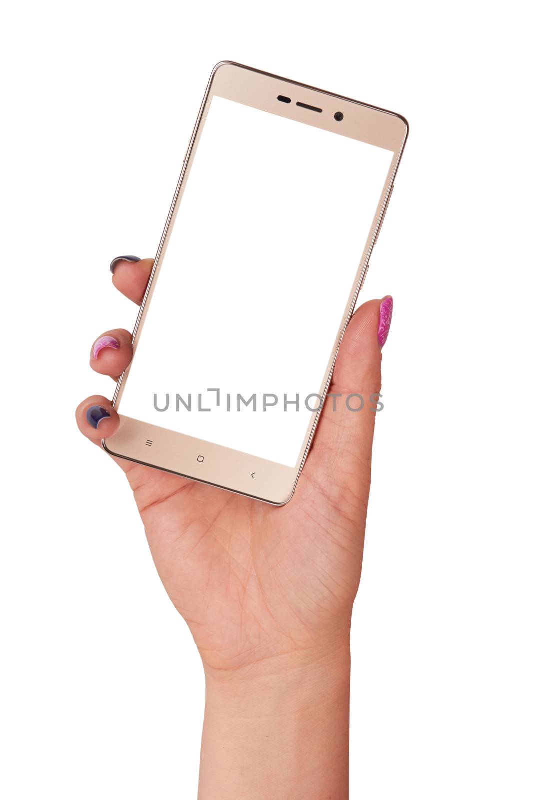 Woman hand holding a gold smartphone isolated on a white background