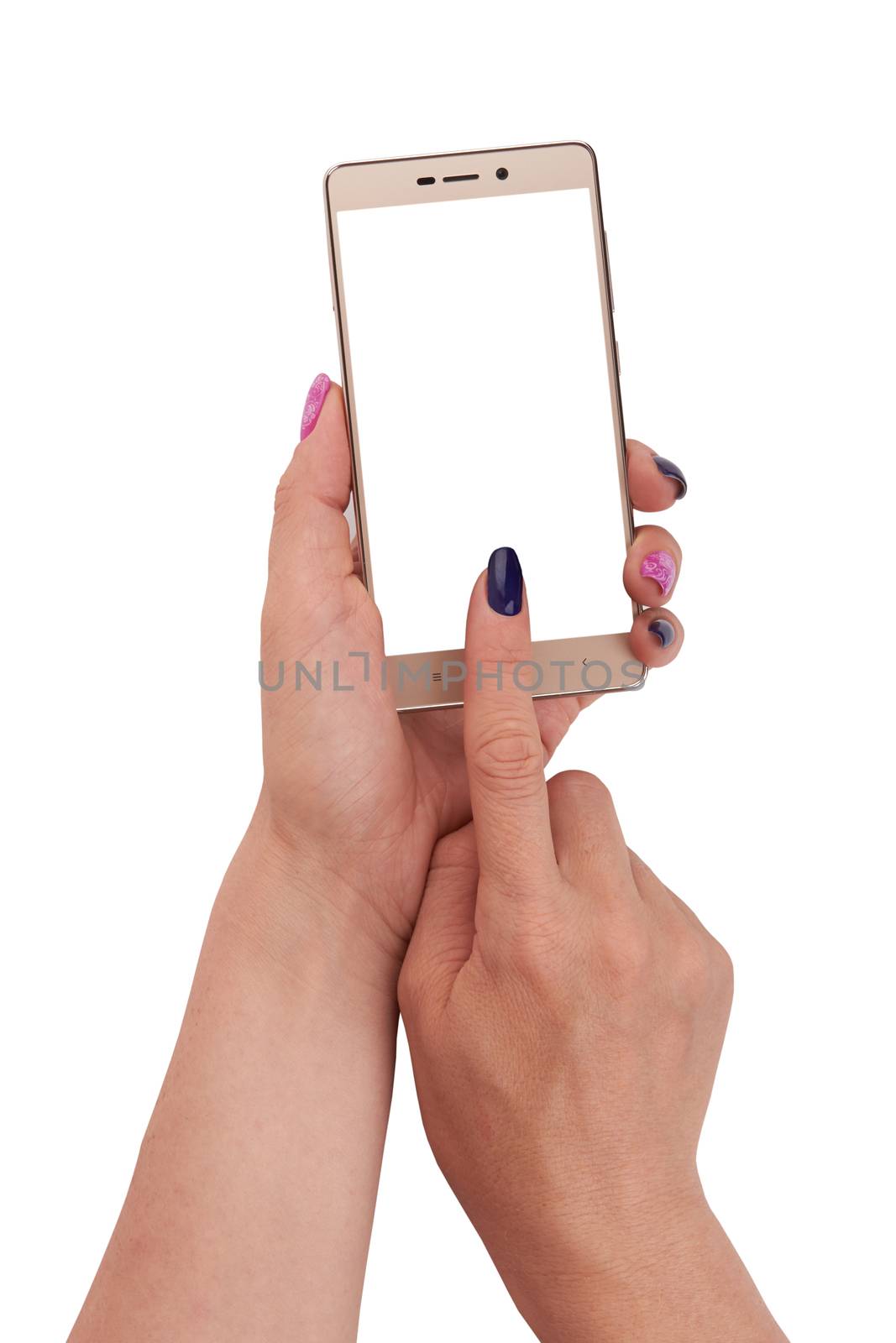 Woman hand holding a gold smartphone isolated on a white background