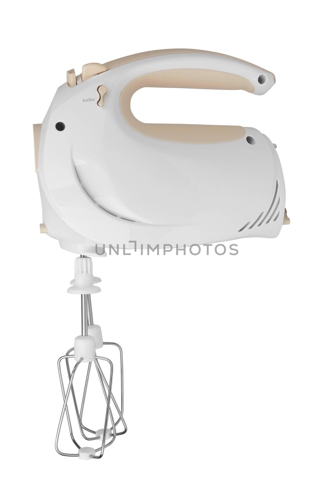 Electrical hand mixer and dishware isolated on a white
