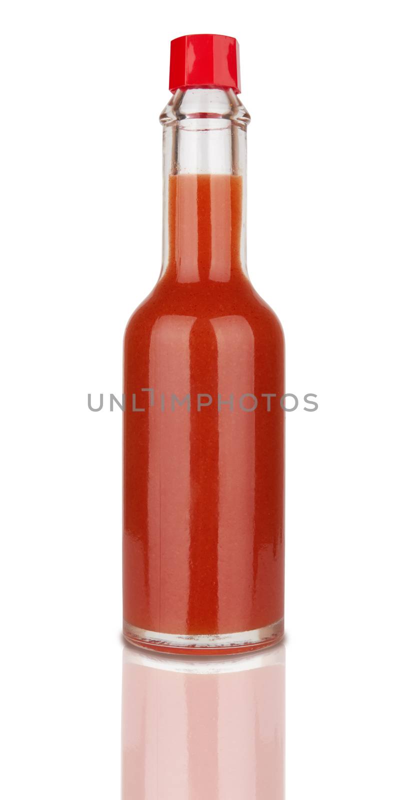 Bottle of spicy, red hot sauce isolated on white background