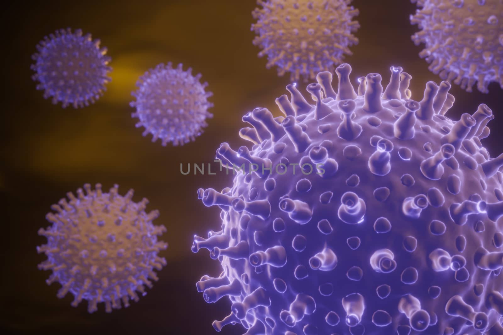 Coronavirus cells in human body. Respiratory virus in microscopic view. illustration of 3D render. Closeup and copy space. Concept of health care.