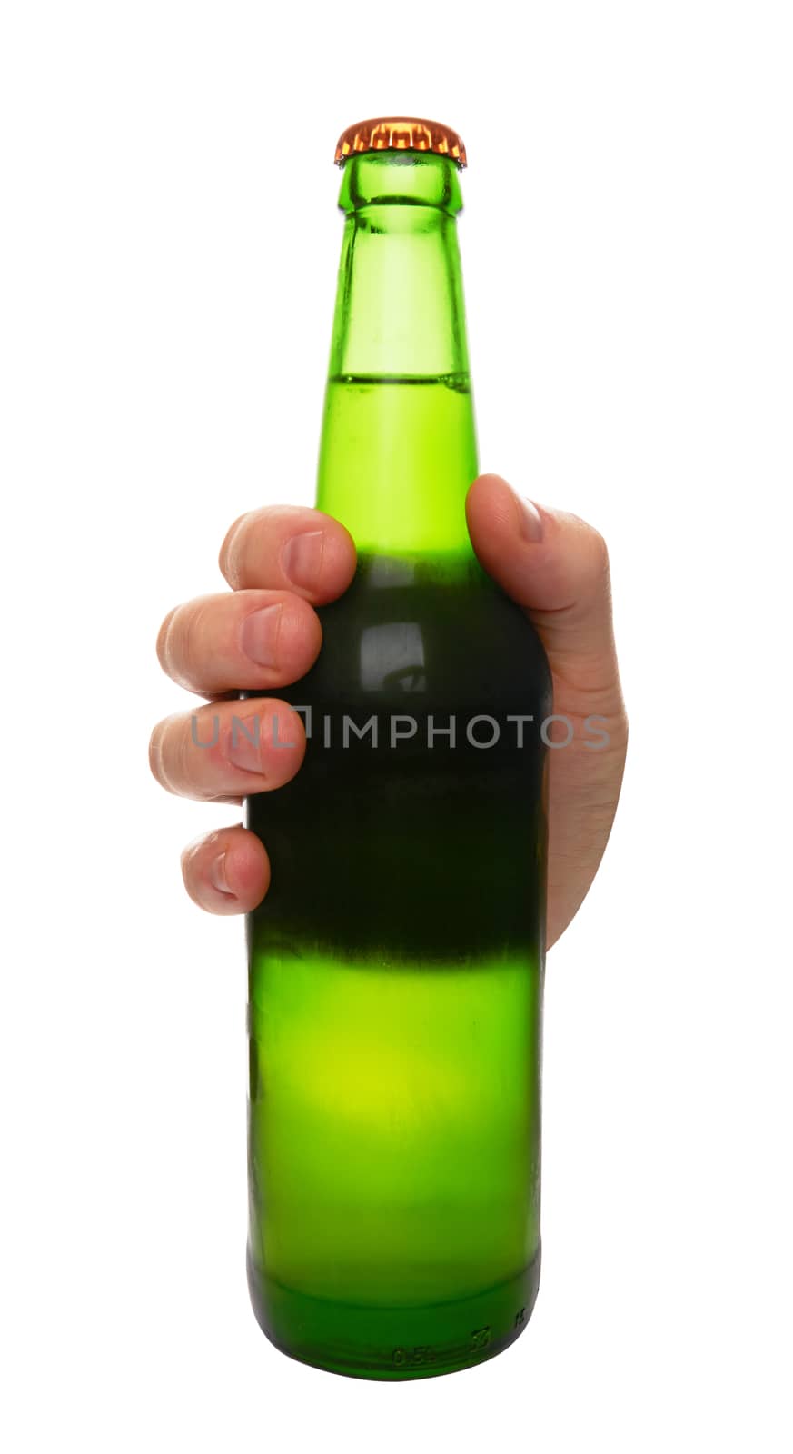 green beer bottle without label in hand isolated on white background