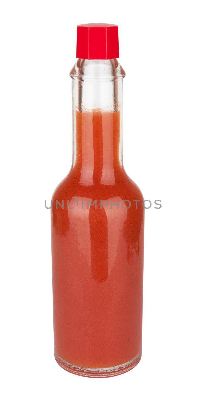 Bottle of spicy, red hot sauce isolated on white background