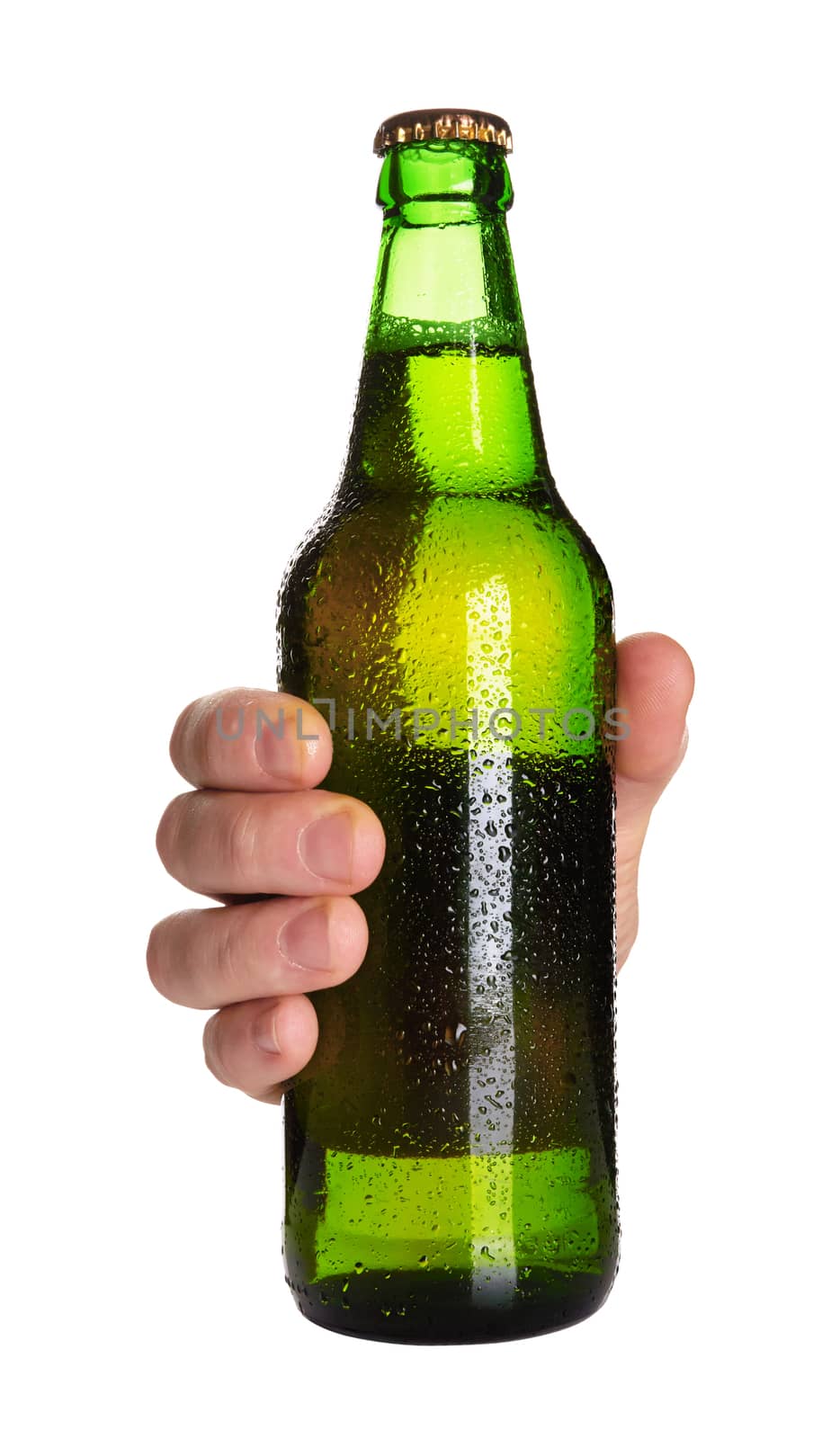 hand holding a green beer bottle without label isolated on white background