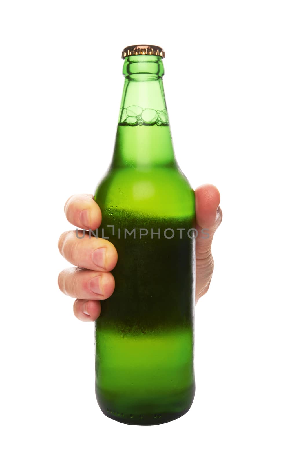 hand holding a green beer bottle without label isolated on white background