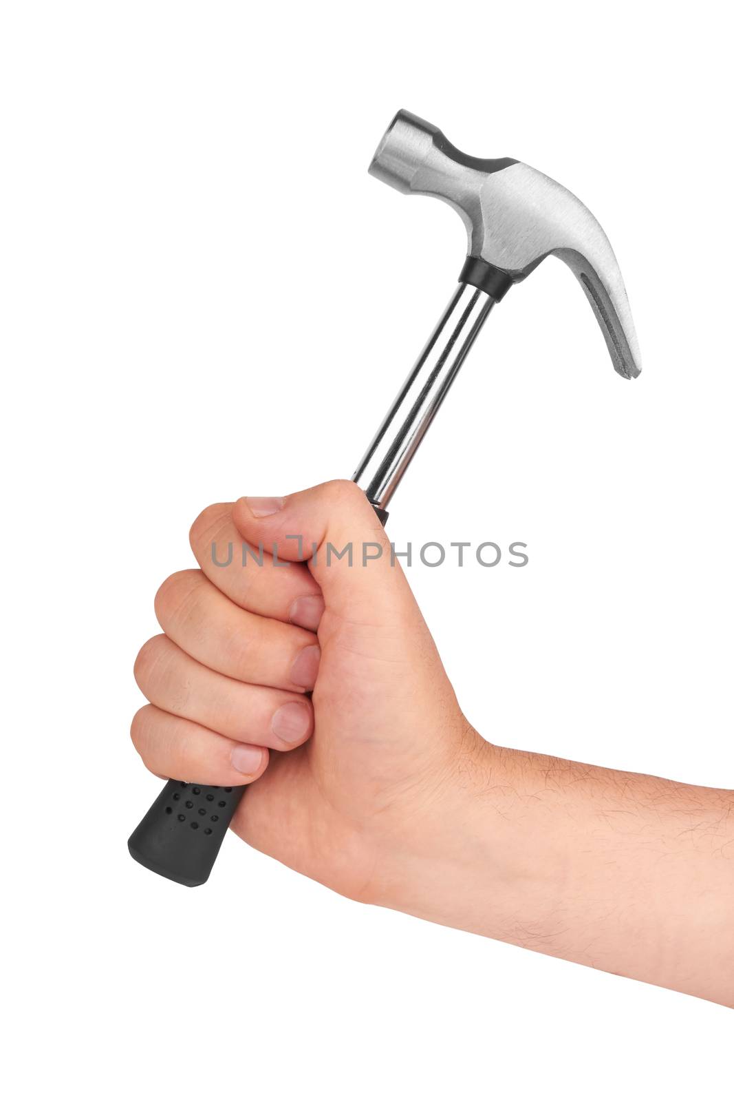 hand holding a steel hammer isolated on white background