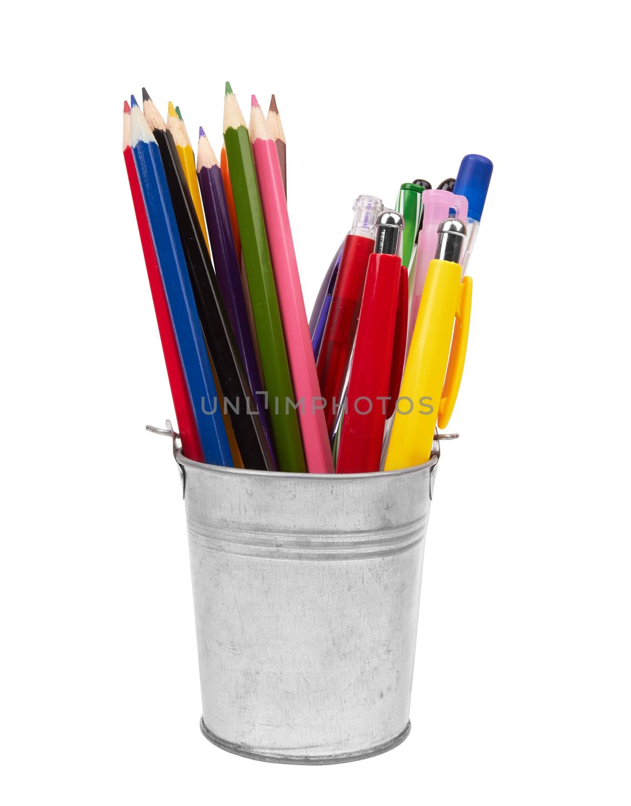 A set of colored pens in a bucket isolated on a white background