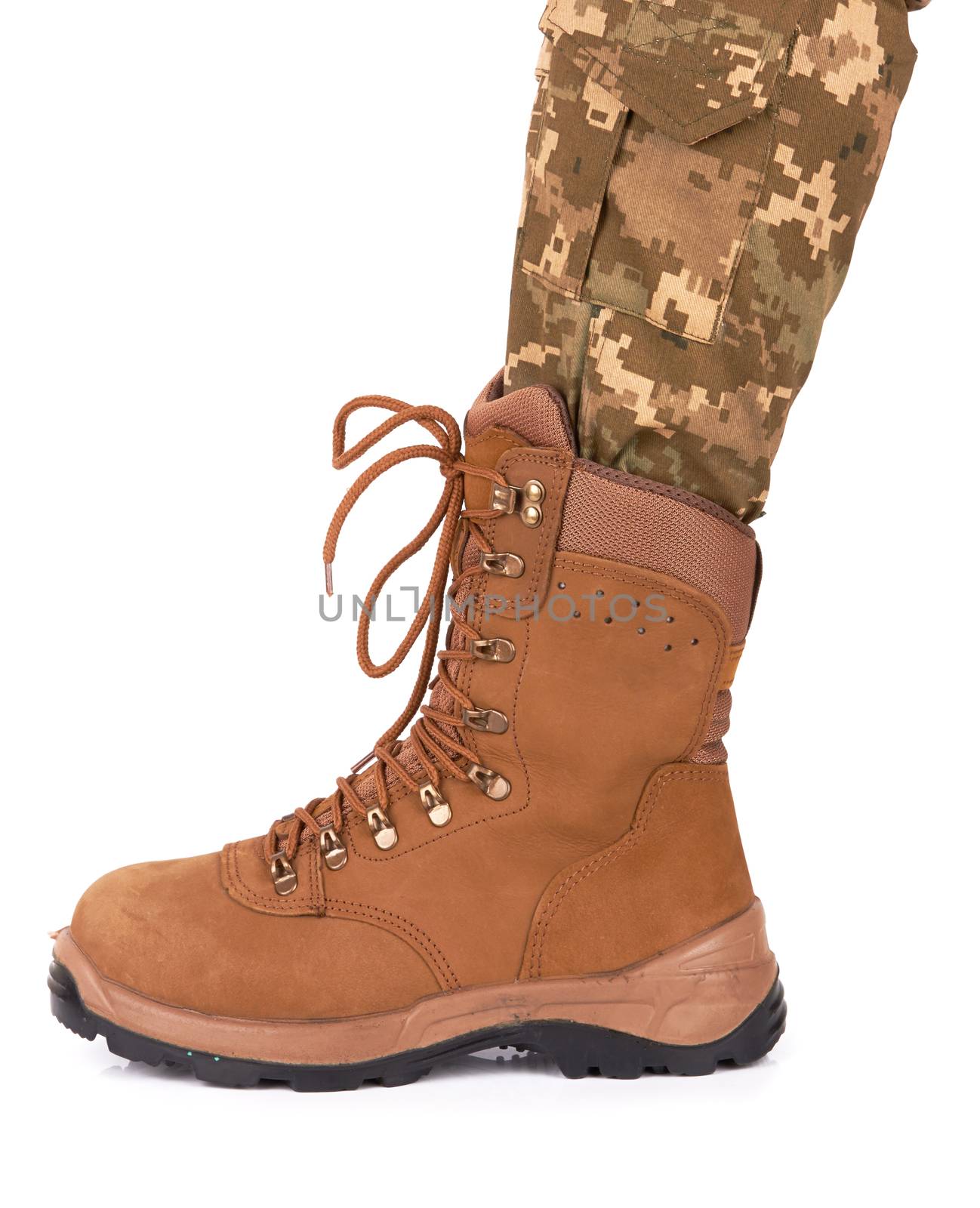 soldier leg in  army boot isolated on white background