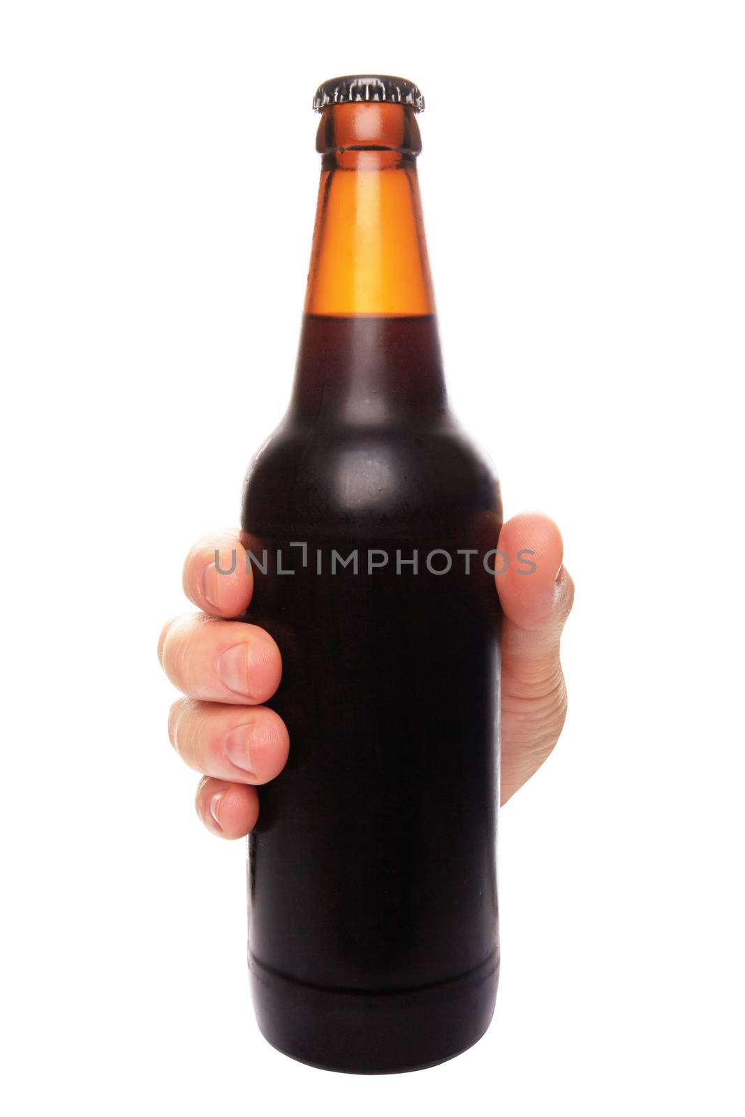 hand holding a beer bottle without label isolated on white background