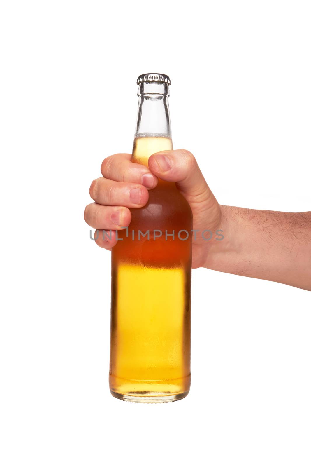 hand holding a beer bottle without label isolated on white background