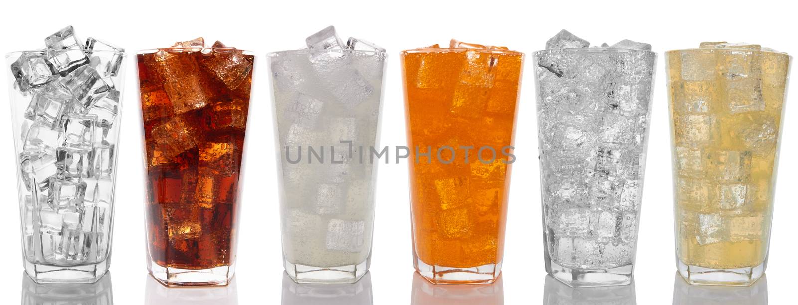 Glasses with sweet drinks with ice cubes isolated on white