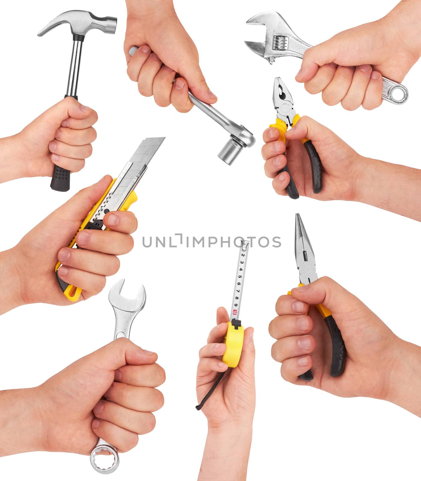 Hand with tools isolated on white background