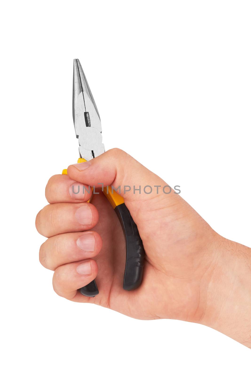 Hand with pliers isolated on white background