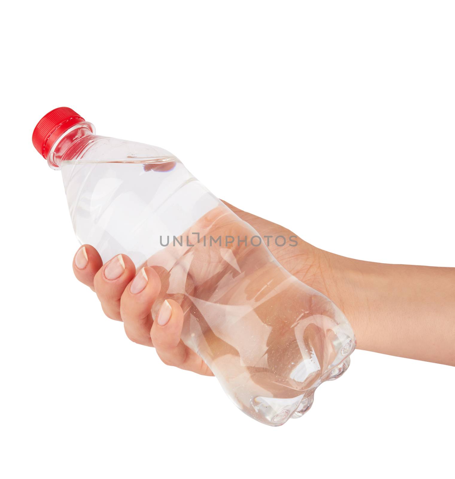 Woman holding a bottle of water isolated on white background 