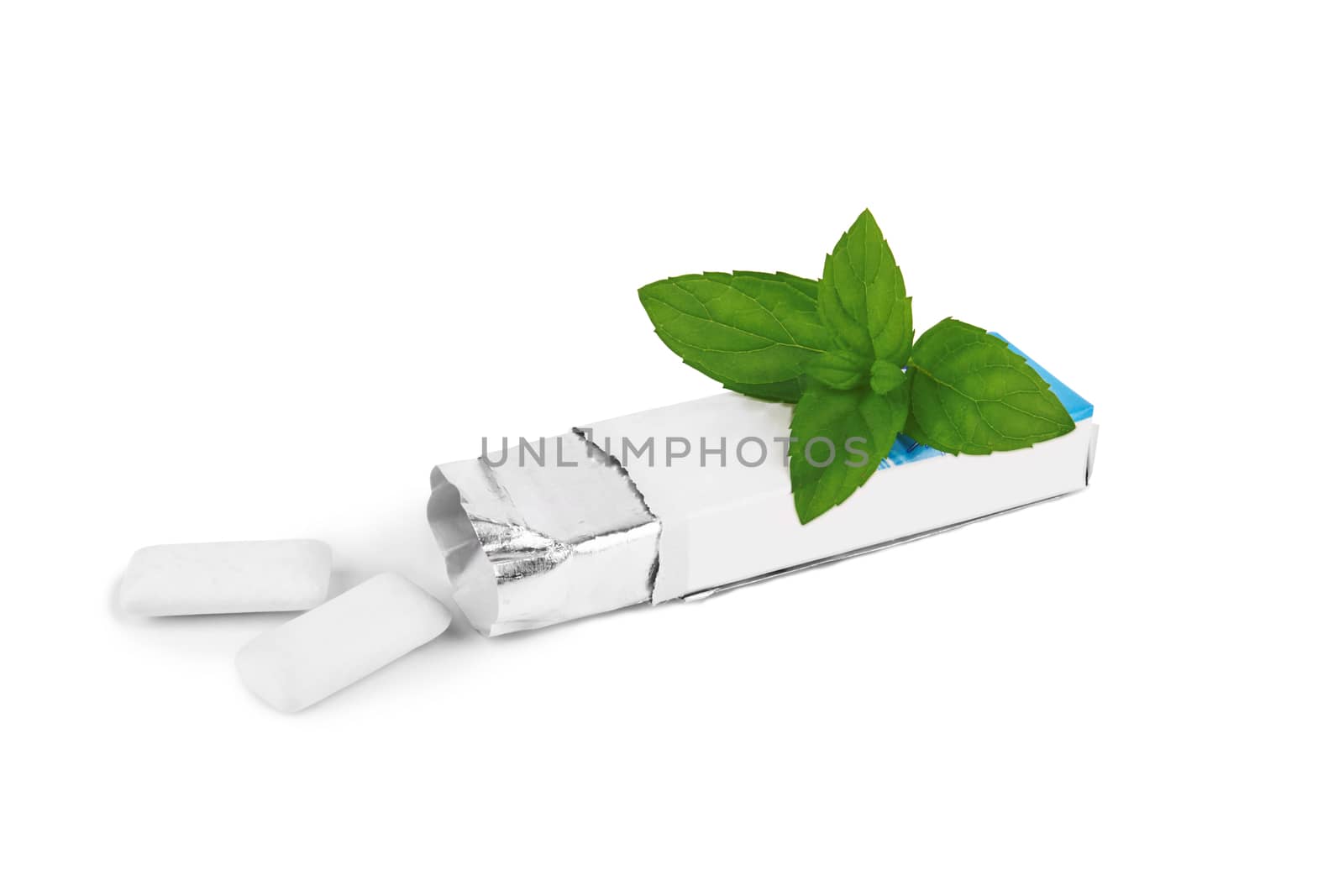 Fresh leaves mint with chewing gum isolated on white background 