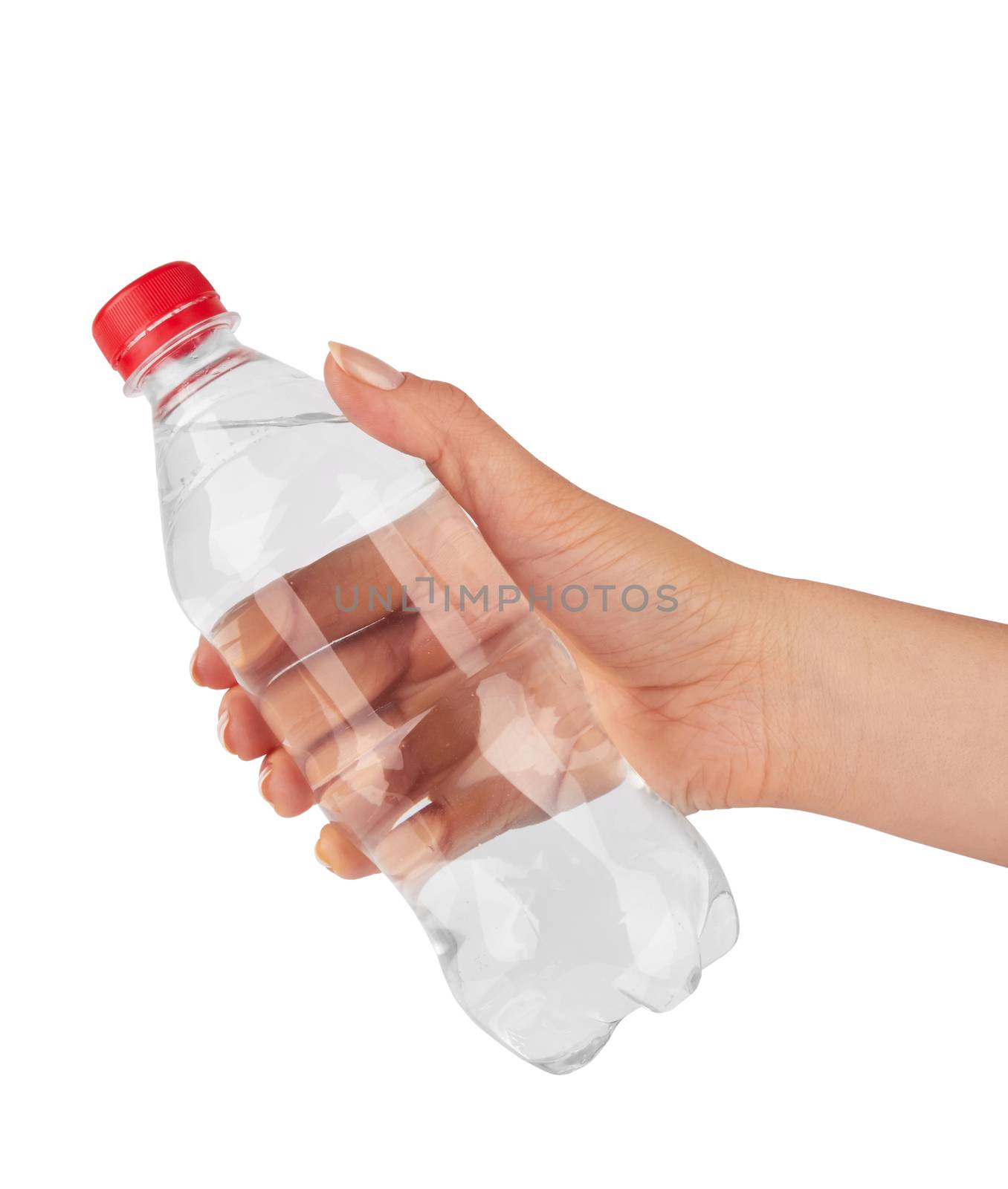 Woman holding a bottle of water isolated on white background 