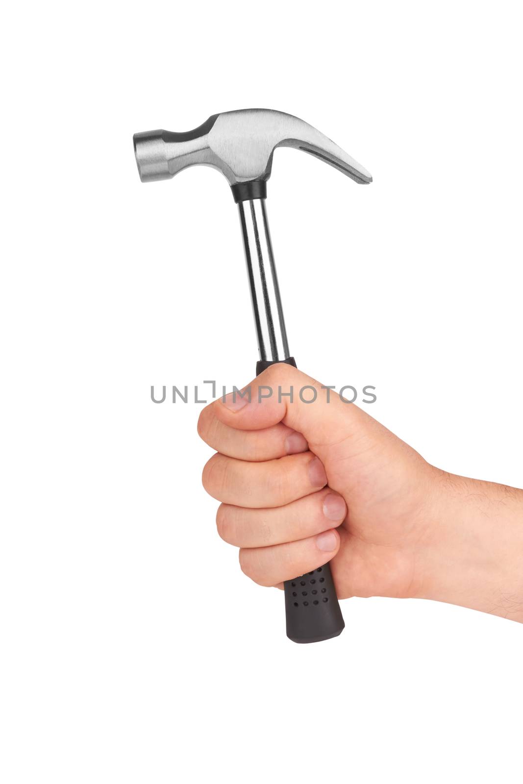 hand holding a steel hammer isolated on white background