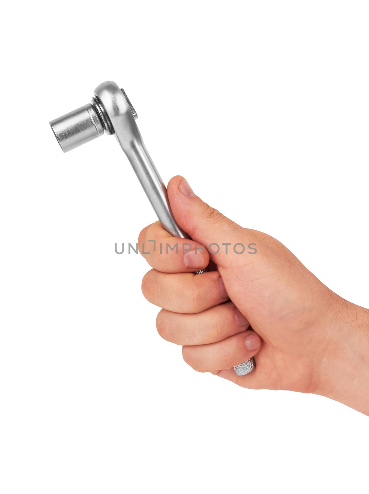 Socket spanner wrench in hand on a white background 