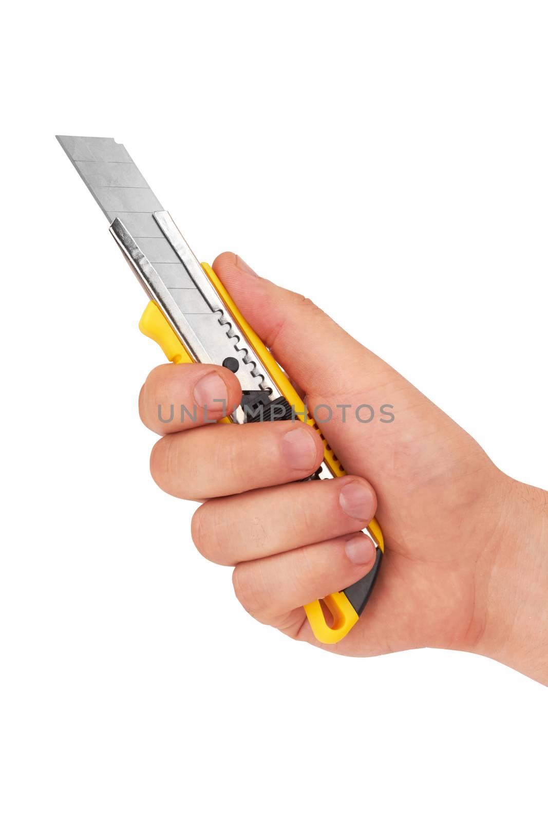 hand holding cutting knife tool isolated on white background