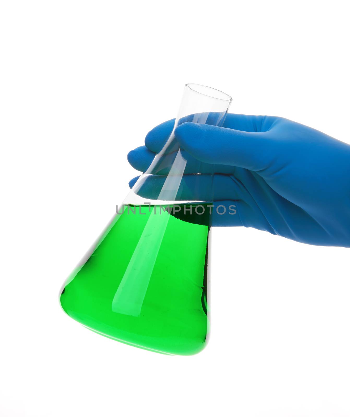 Scientist fingers holding a glass test tube in a research lab on white