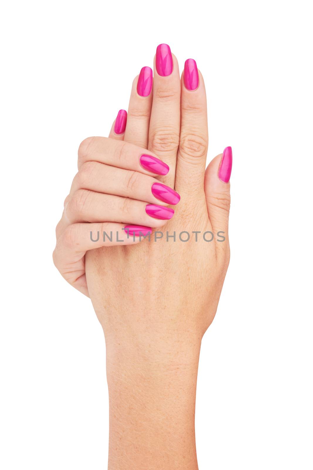 Hands with nail red manicure isolated on white background