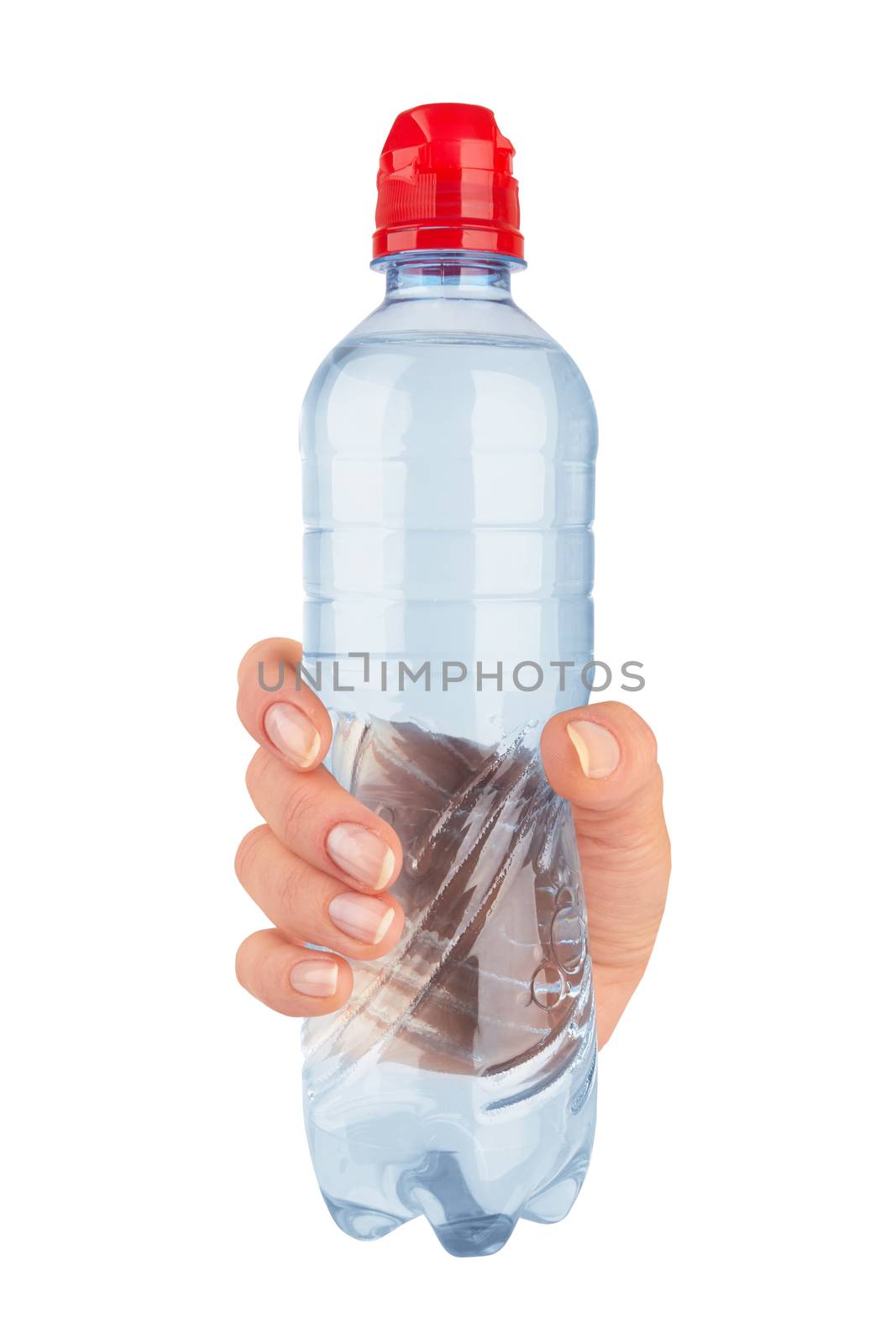 Woman's hand is holding a bottle of water isolated on white background 