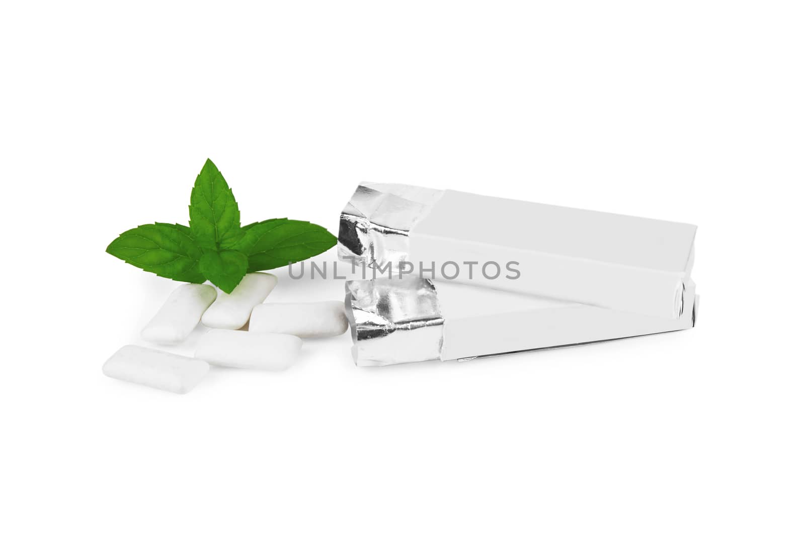 Fresh leaves mint with chewing gum isolated on white background 