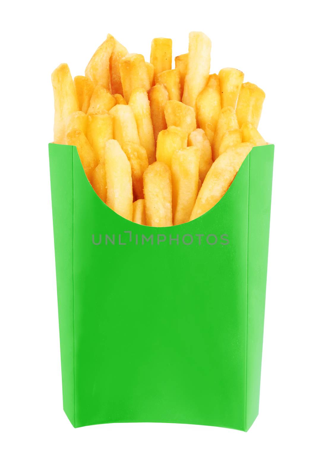 French fries in a green carton box isolated on white