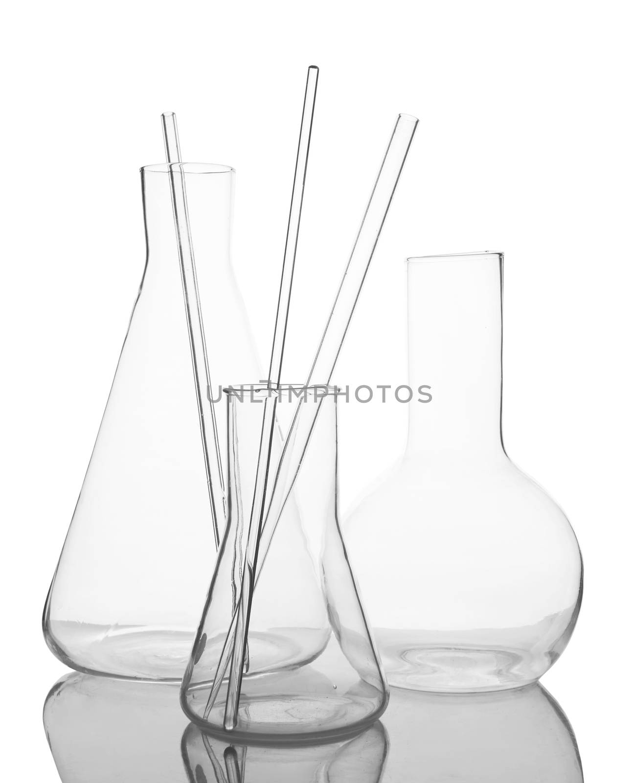 empty laboratory glassware with reflection isolated on white background