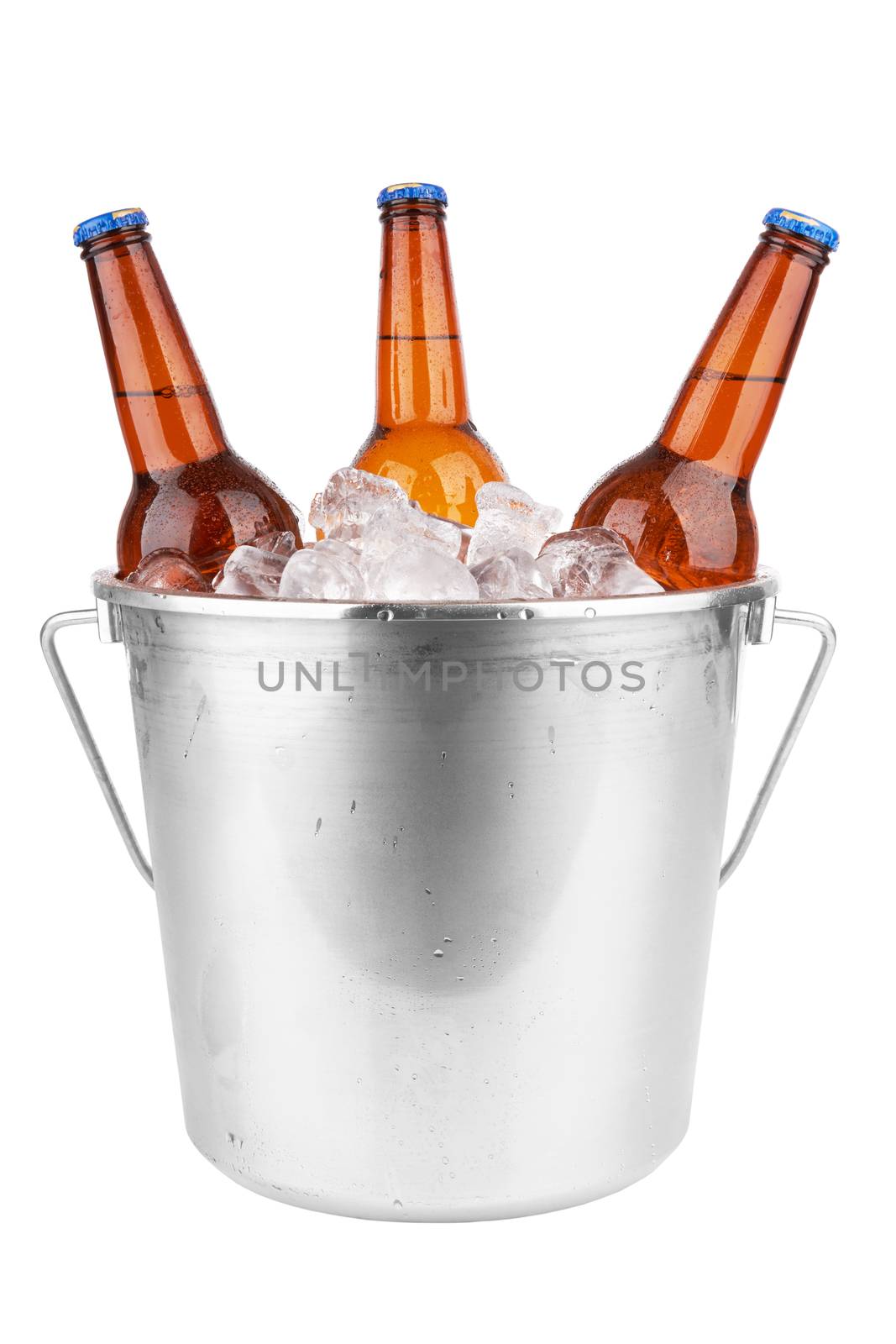 Three beer bottles in ice with condensation isolated on white background