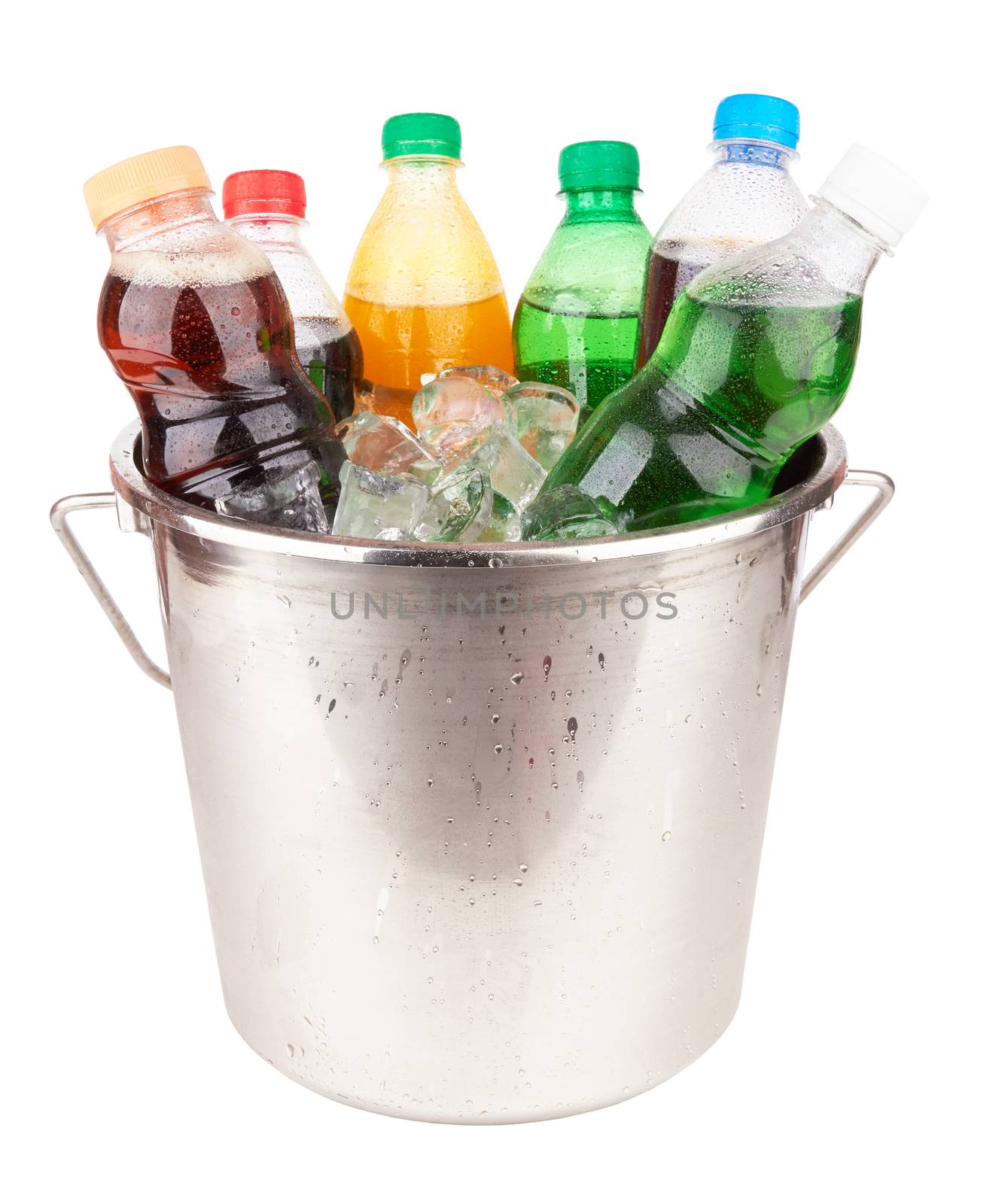 cold beverages in plastic bottles on heap of ice cubes