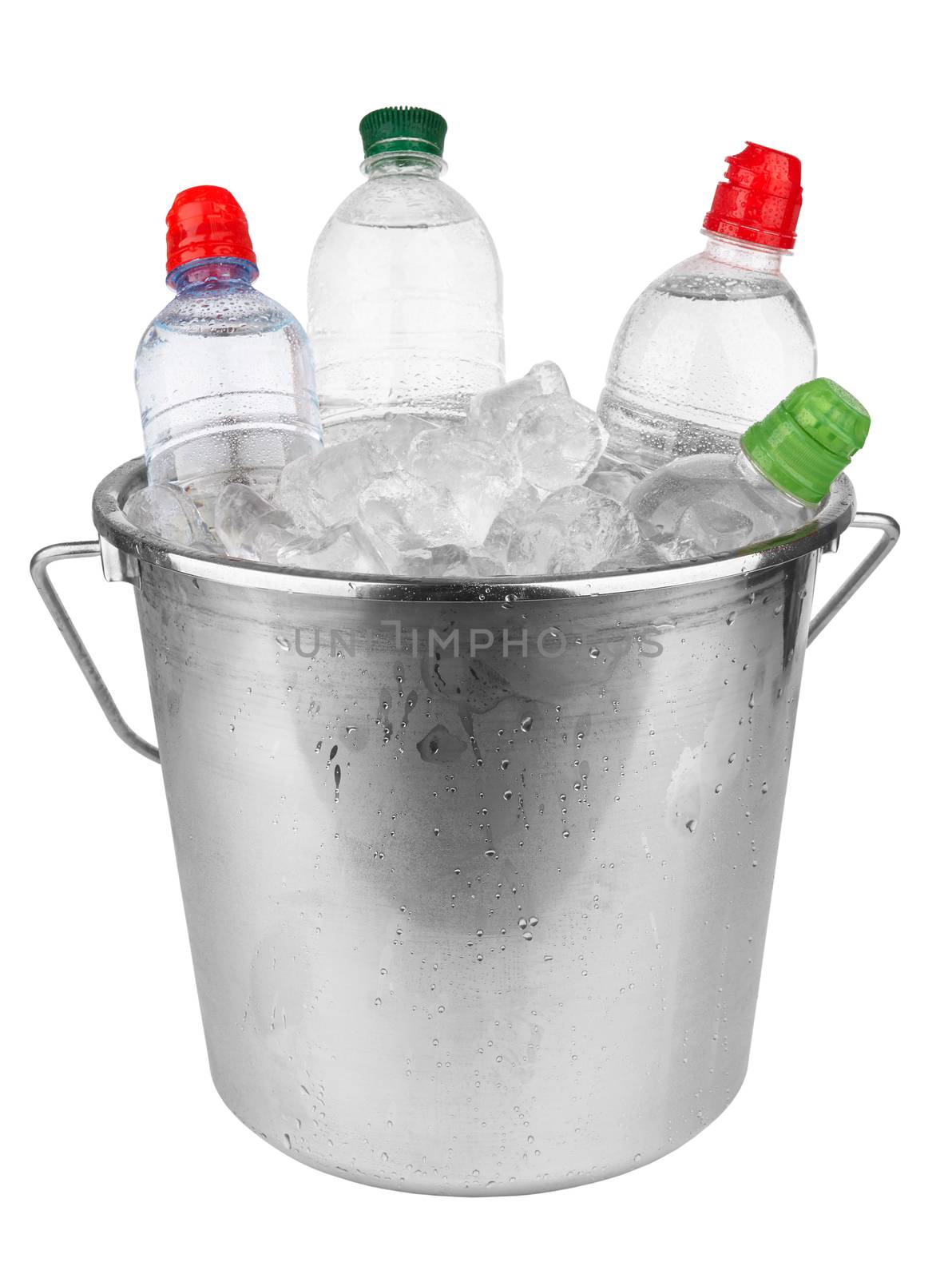 Water bottles in ice cube isolated on a white background 